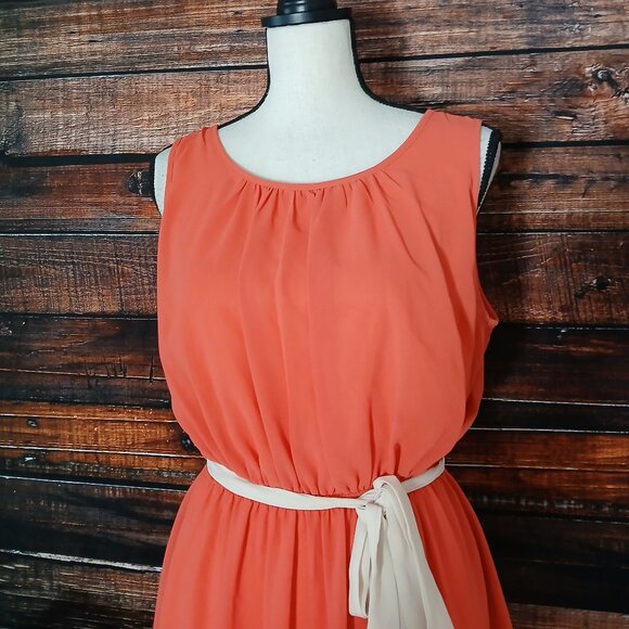 Double Zero Dress Large Belted Elastic Waist Flowy Sheer Lined Hi Low Keyhole - Picture 8 of 11